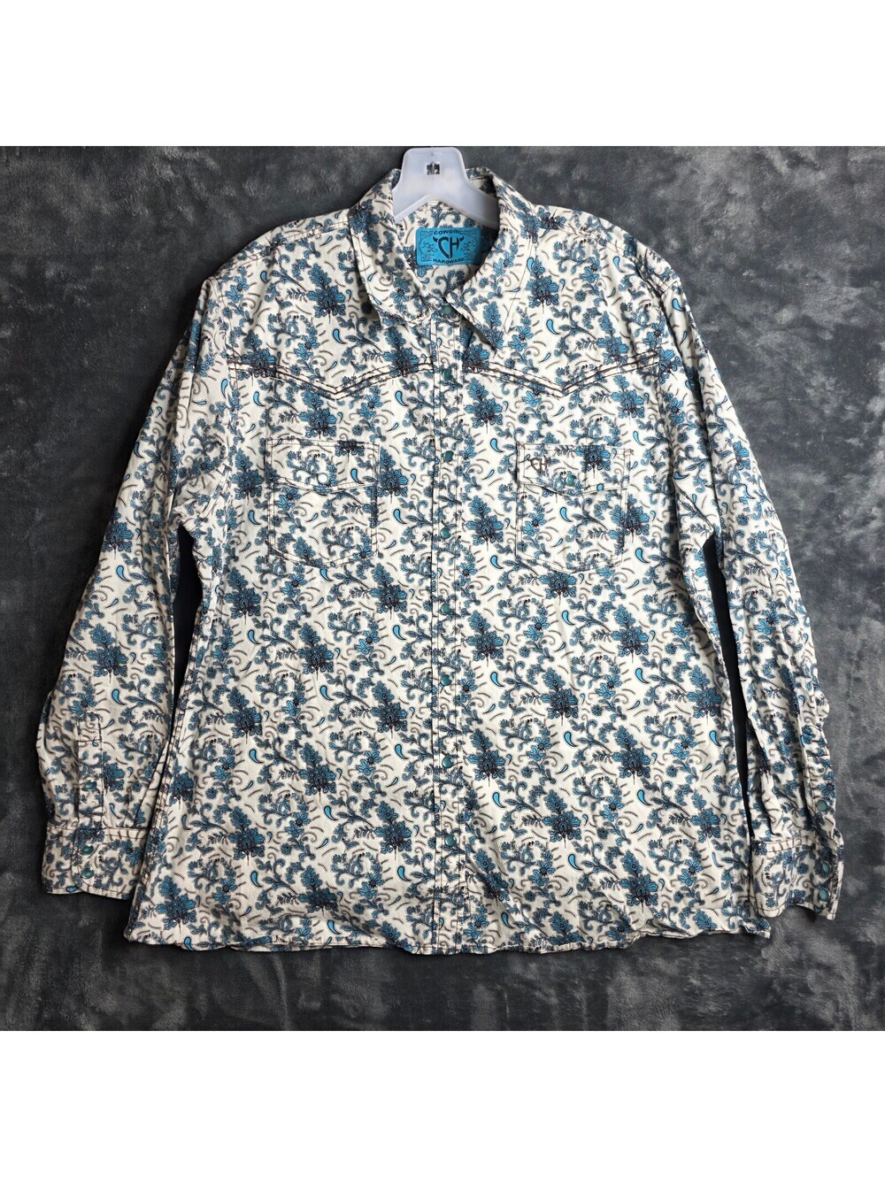 Cowgirl Hardware Shirt Womens XLarge White Turquoise Floral/Paisley Pearl Snap